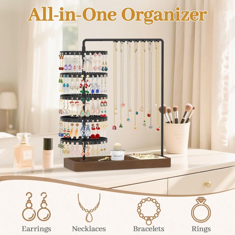 MODOWEY Earring Holder Organizer Jewelry Stand, 285 U-Slots Adjustable Rotating Earring Tree Rack, 14 Hooks Tall Necklace Display for Women, 5 Tier Compact Large Capacity Tower with Ring Tray, Black - Image 2